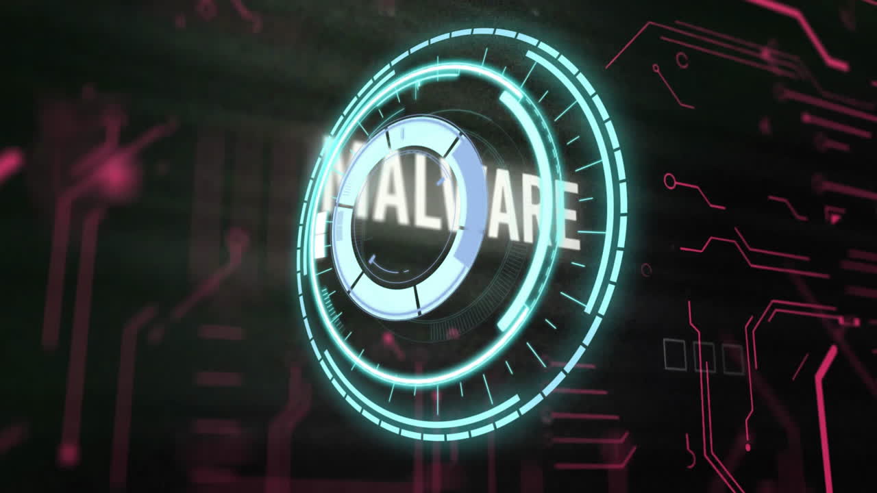 Animation of rotating digital interface elements with MALWARE text in red