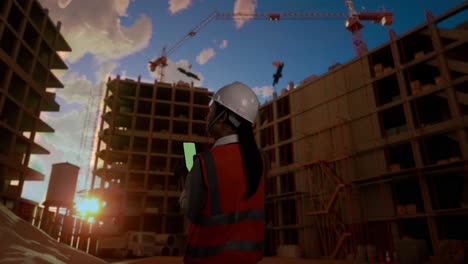 back view of asian female engineer with safety helmet working on a green screen smartphone and looking around while standing at construction site, during sunset or sunrise time