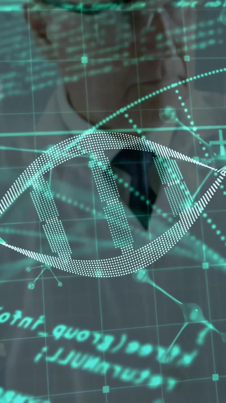 Vertical video: Overlay fading, revealing scientist analyzing DNA helix and code for genetic study