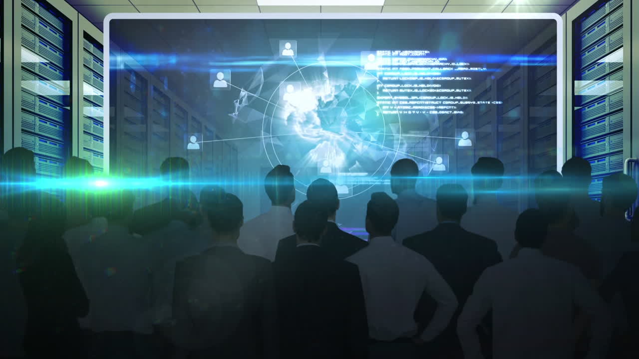 Animation of globe with data processing on screen over diverse business people