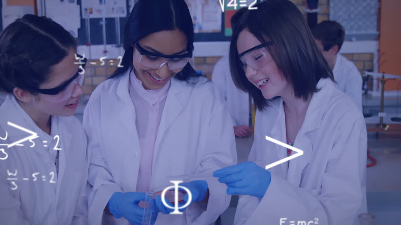 animación del procesamiento de datos científicos sobre diversos niños científicos en el laboratorio