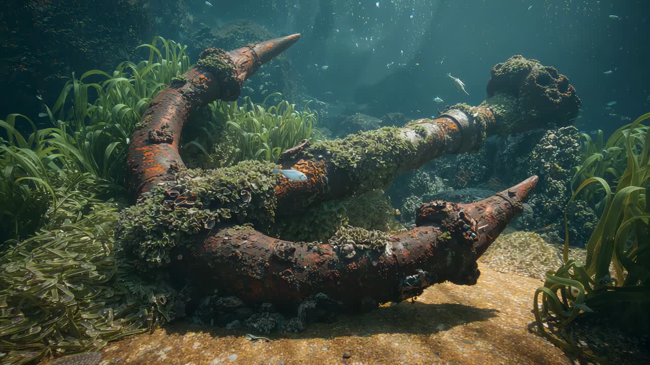 La camera in movimento rivela un'ancora di nave arrugginita sul fondale sabbioso, mostrando i dettagli delle patelle, i pesci e le alghe