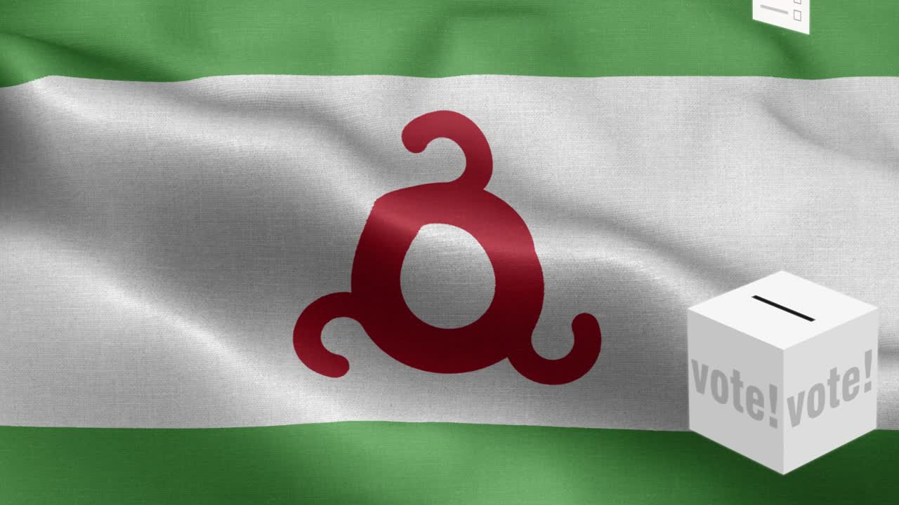 Äänestysliput lentävät laatikkoon Ingušian vaaleissa - Vaaliuurna lipun edessä - Vaalit - Äänestys - Ingušian lippu - Ingušian lippu korkealla yksityiskohdalla - Ingušian kansallislippu aaltoileva kuvio toistettavat elementit - Kangastekstuuri ja loputon silmukka