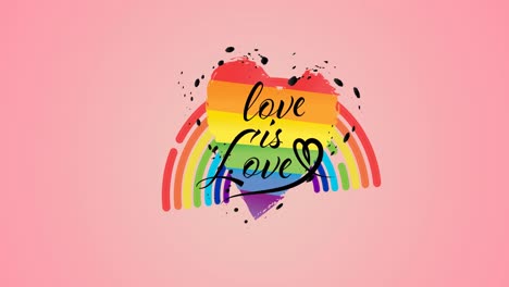 animation of love is love text and rainbow on pink background