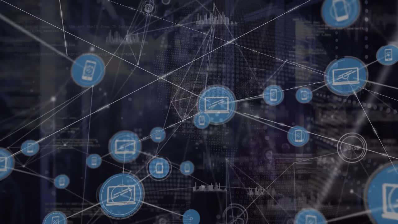 animación de la red de conexiones y procesamiento de datos sobre la sala de servidores