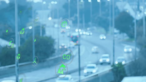 animation of network of eco icons over cityscape