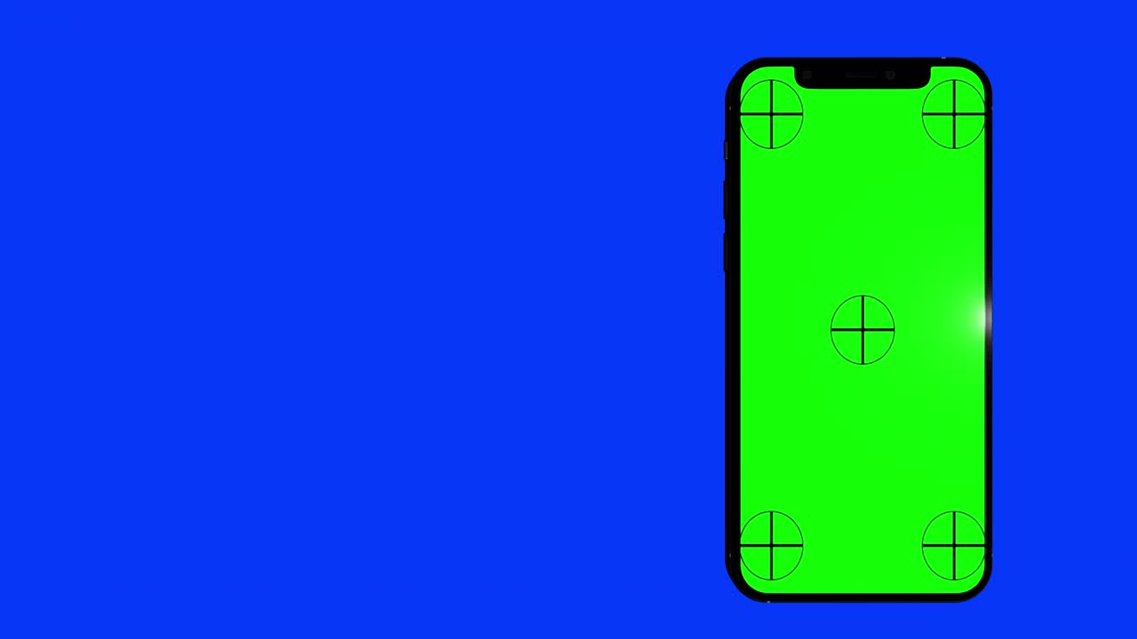Smartphone nero si accende su sfondo blu. Green screen facilmente personalizzabile. Immagine generata al computer