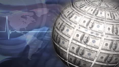 animation of globe formed with american dollar banknotes over financial data processing