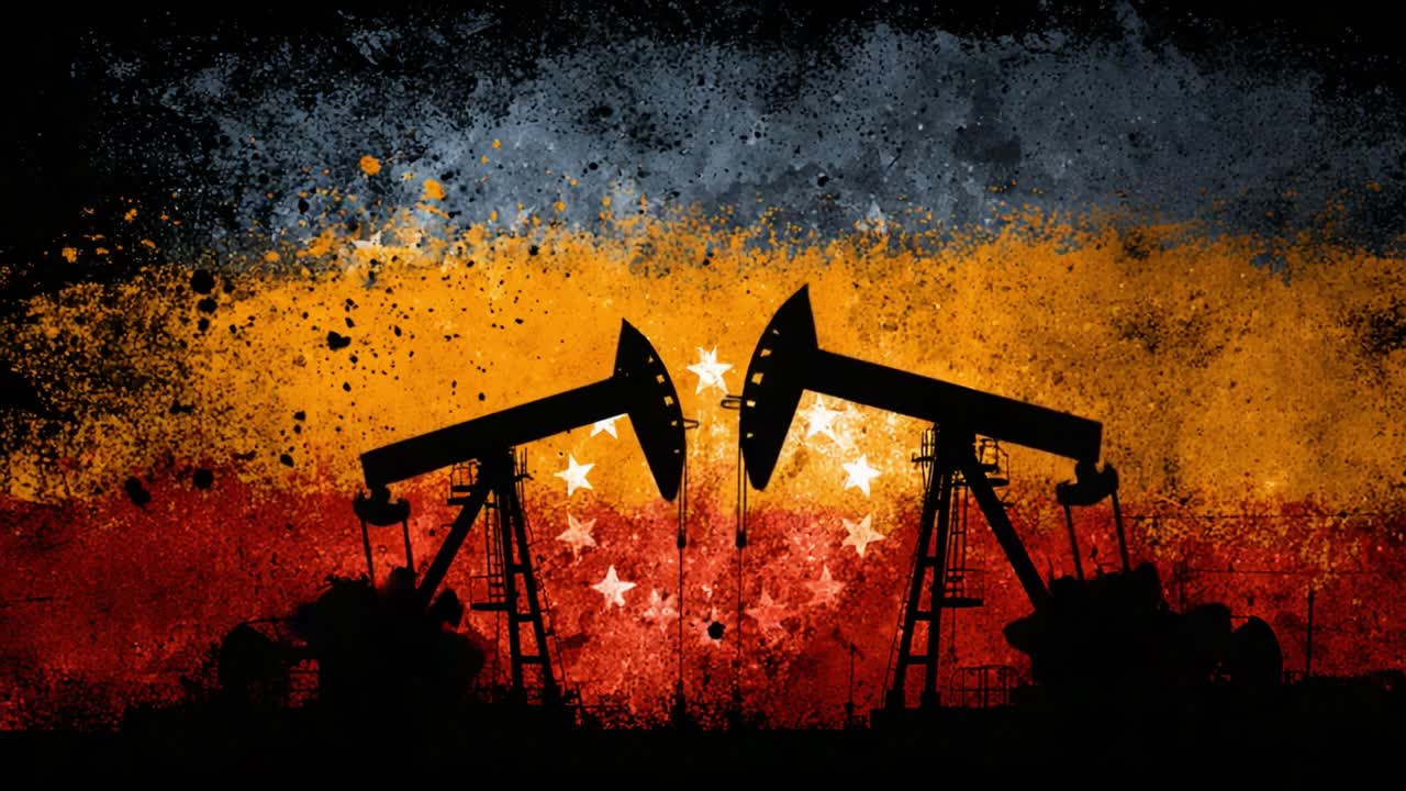 Enerji üretimi ve ulusal kimliğin özünü çarpıcı bir sanatsal sunumla yakalayan, canlı dokulu bir arka plana karşı petrol pompalarının dramatik kontrastı