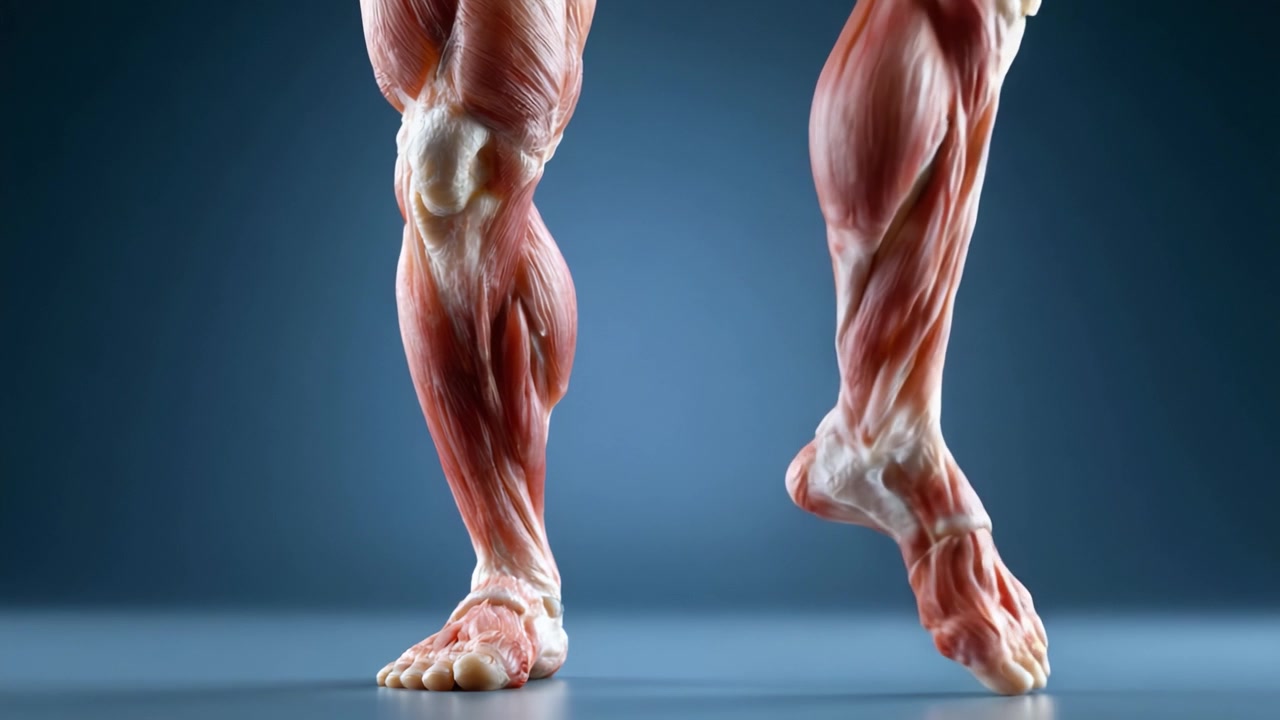 Visualizzazione anatomica dettagliata di gambe umane muscolose: Esplorando le complessità e le caratteristiche strutturali da una doppia prospettiva