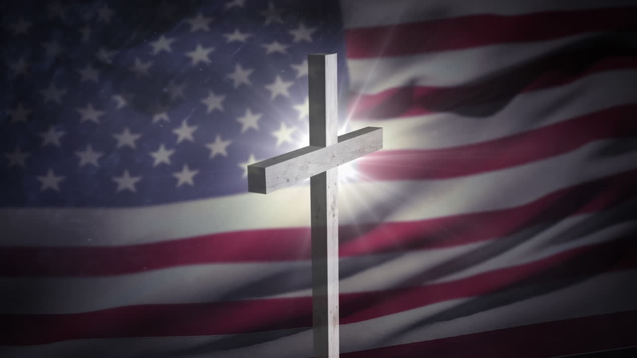 Animation of christian cross over waving flag of usa