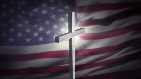 animation of christian cross over waving flag of usa