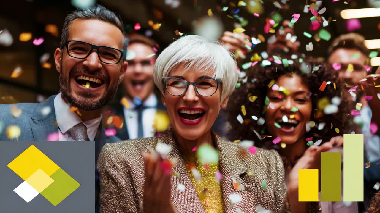 A joyful celebration scene featuring a diverse group of people laughing, smiling, and enjoying a festive atmosphere filled with colorful confetti during a lively gathering