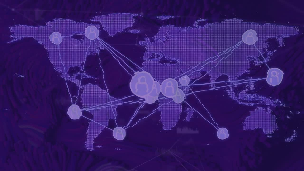 Central user icon pulsing and sending lines to purple nodes network densifying showing connectivity