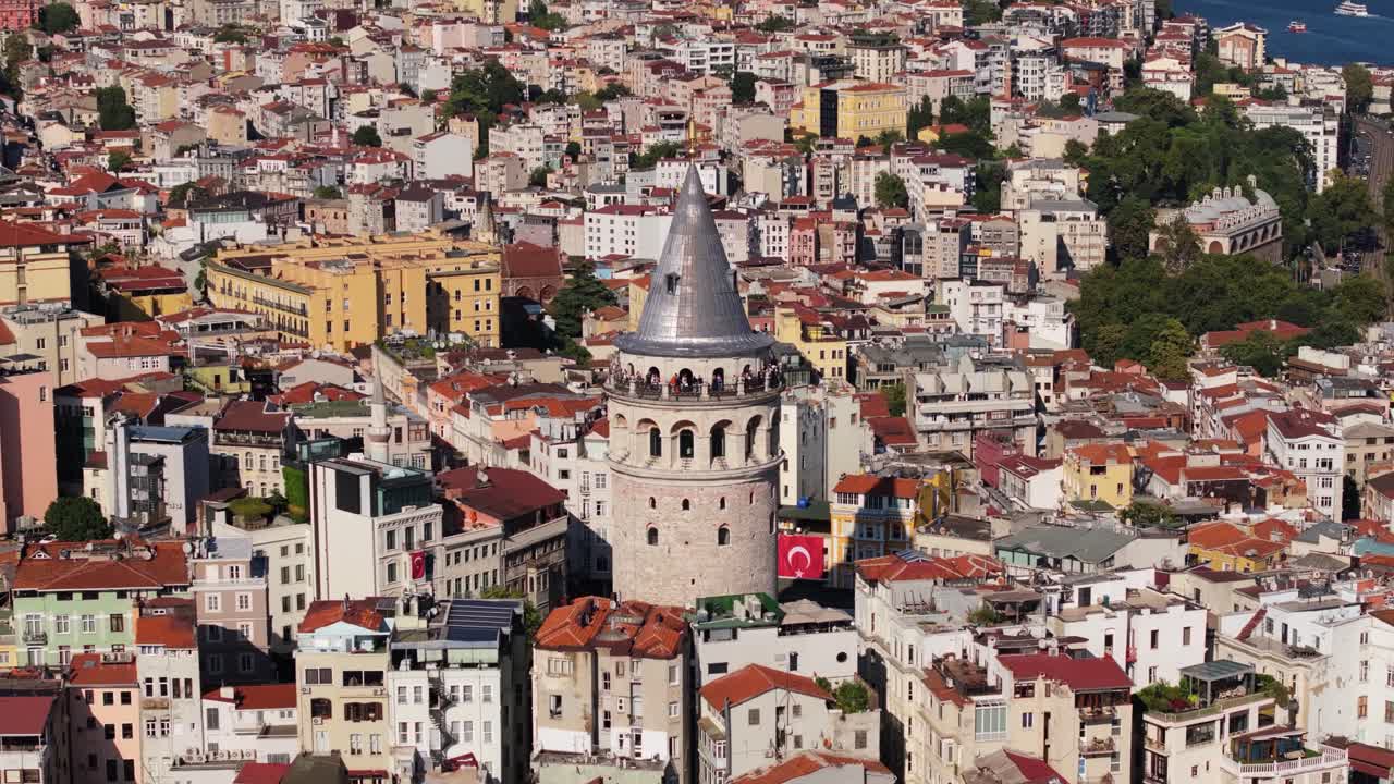 Forward Dolly Shot toward Istanbul's Famous Galata Tower. Pan Up Reveal Cityscape