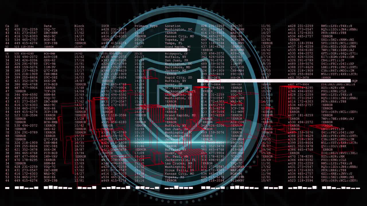 Animation of digital interface with data processing over black background