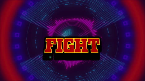 animation of fight text over colorful moving circles on dark background