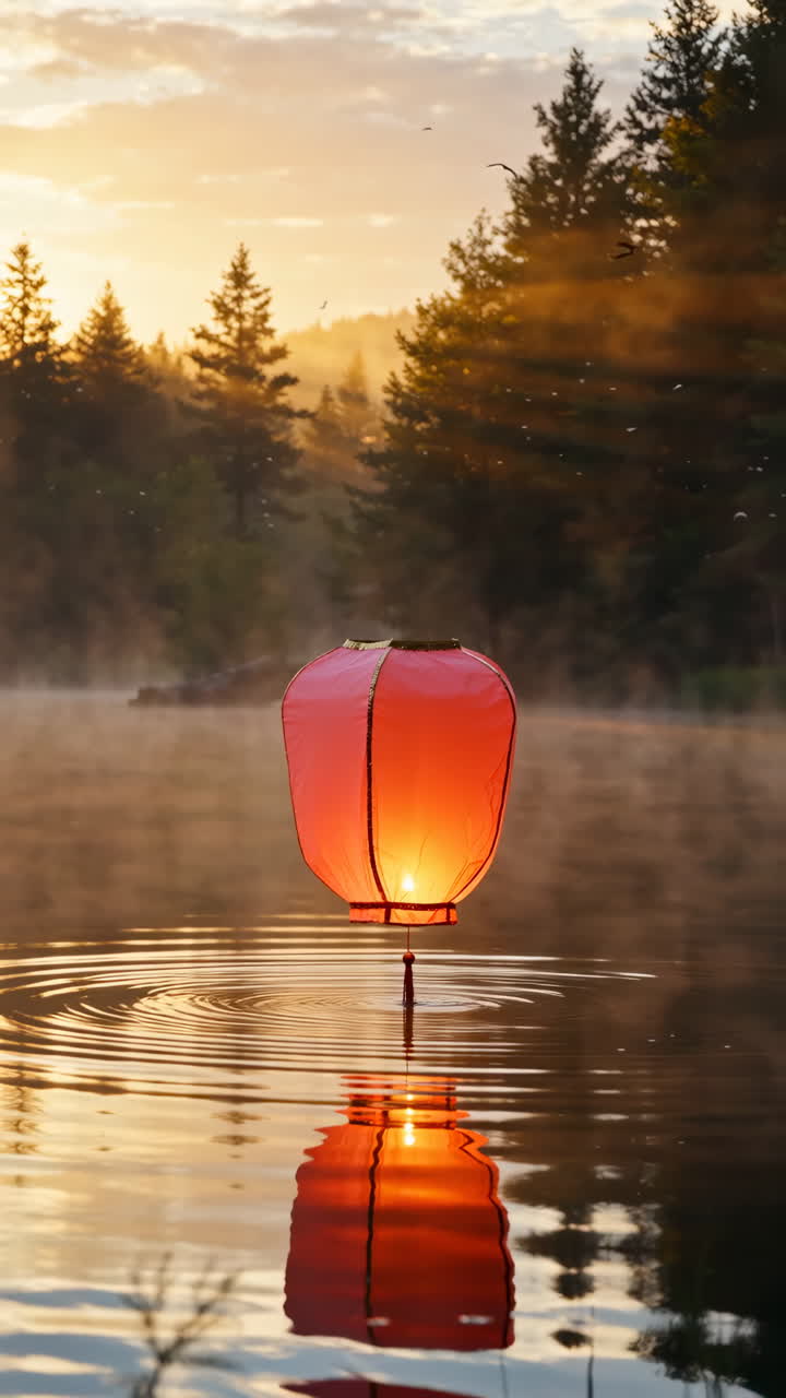 Lanterna galleggiante su un lago nebbioso al tramonto