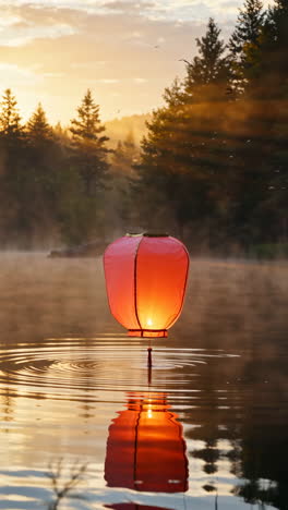 floating lantern on a misty lake at sunset