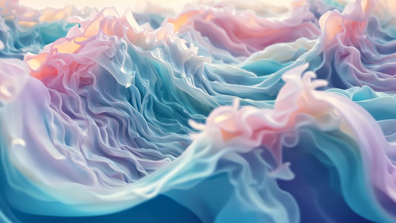 Opening shot showing pastel fluid ridges undulating, shifting and revealing depth in simulation