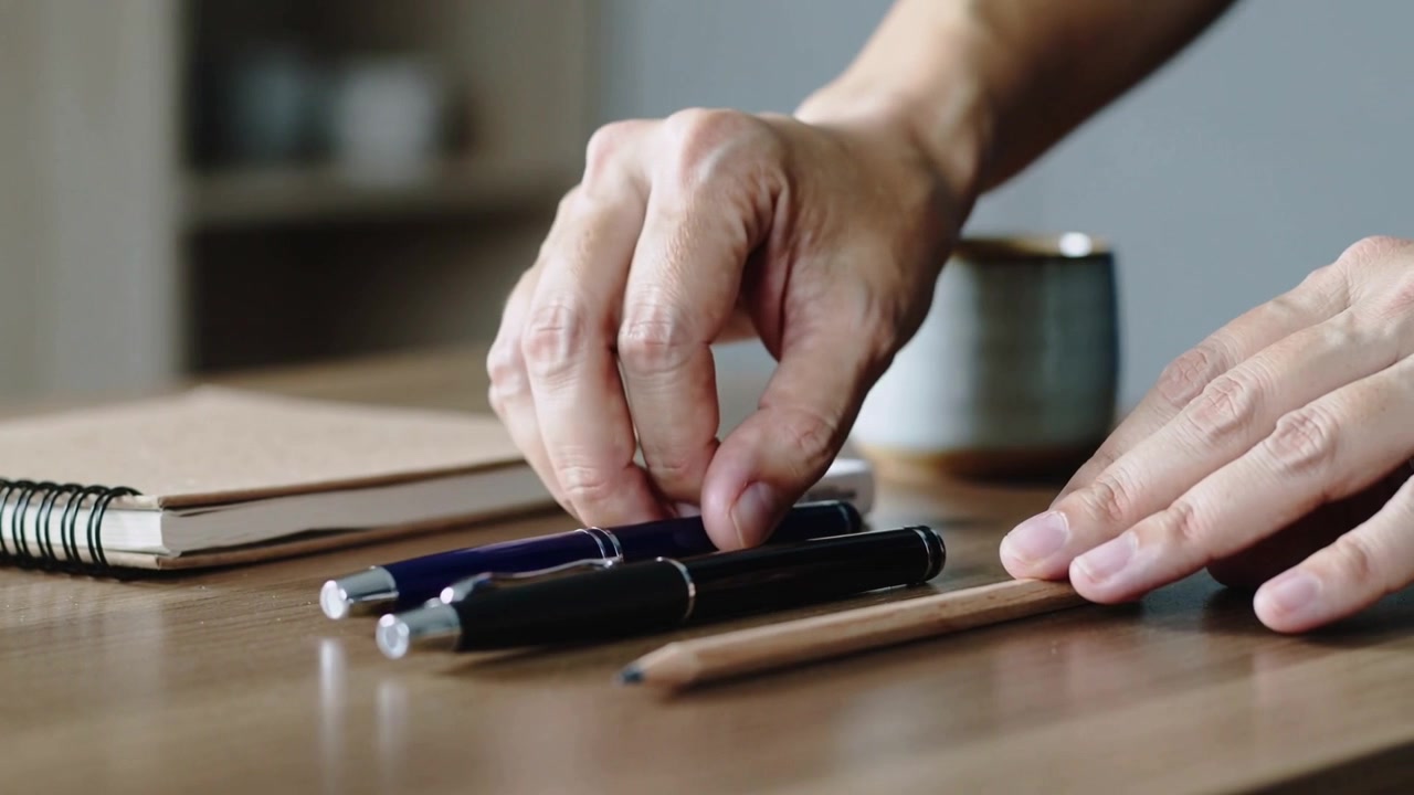 Allunga la mano destra per prendere una penna nera, allineando le penne sulla scrivania per riordinare lo spazio di lavoro con un quaderno a spirale.