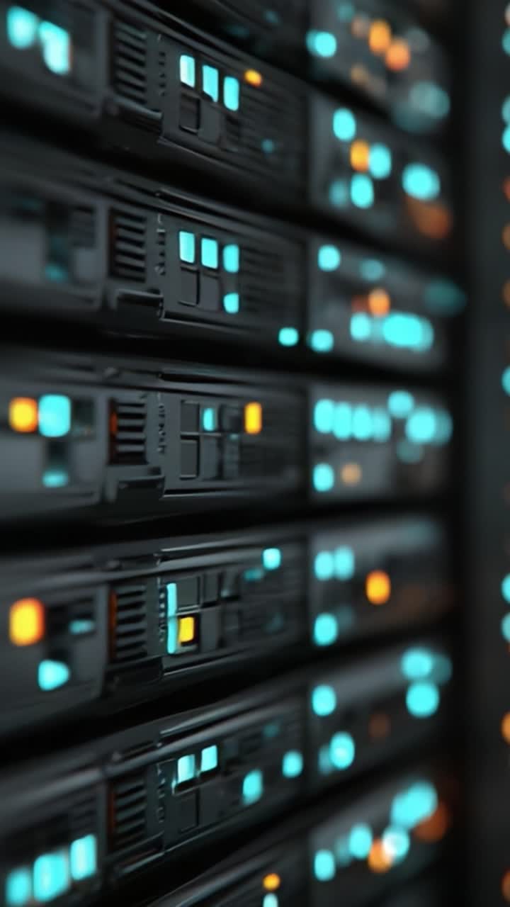 Immagine ravvicinata di moderni server di dati che mostrano indicatori LED vivaci e tecnologia di archiviazione avanzata in una sala server high-tech