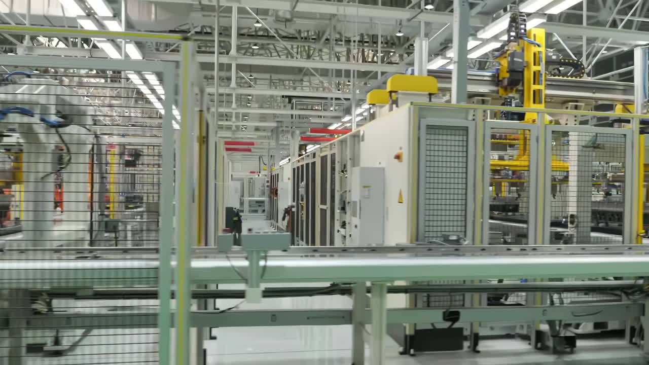 Technology workshop new robotic arms in high-tech industrial automation setup, Professional robotic engineers specialist maintenance and control robot arm in factory warehouse