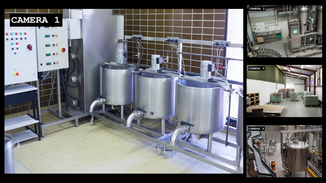 cuatro cámaras de seguridad vistas de la producción industrial interiores de negocios y salón del personal, cámara lenta