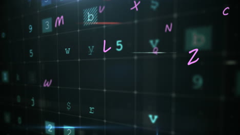 Animation of floating letters over scientific data processing