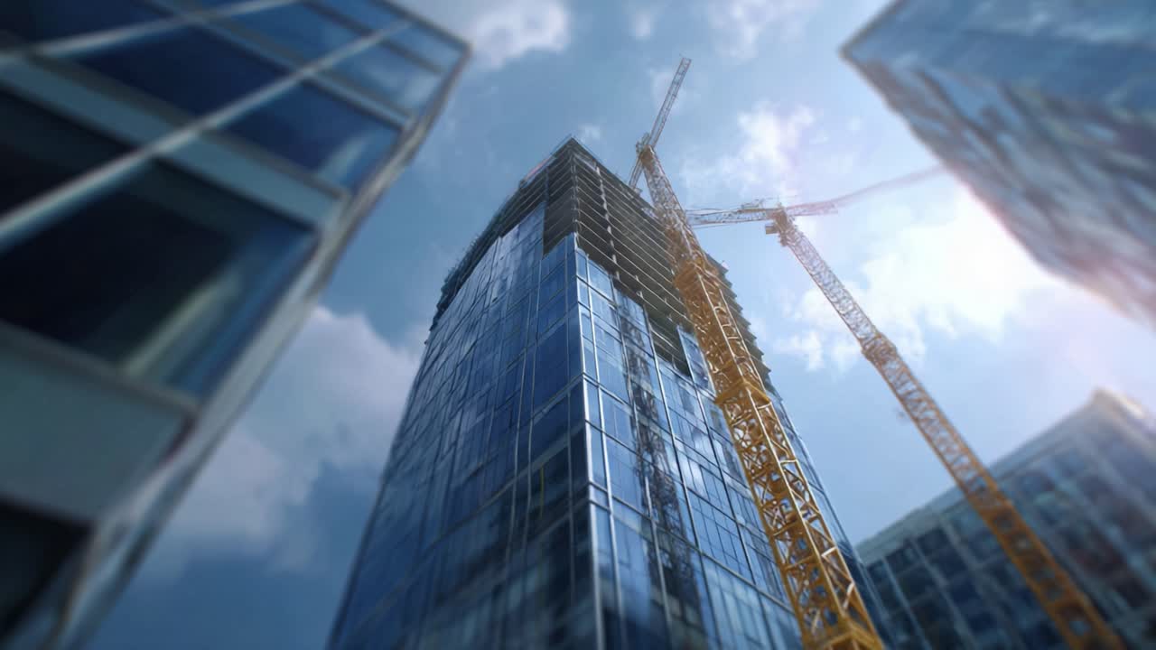 Construcción imponente: un vistazo al desarrollo urbano moderno con grúas, fachadas de cristal y nuevas maravillas arquitectónicas que se elevan hacia el cielo sobre un cielo azul.