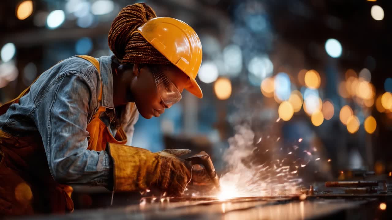 A dedicated female worker skillfully welding in a vibrant industrial facility, showcasing precision and craftsmanship in her craft amidst a backdrop of sparks and warm lighting