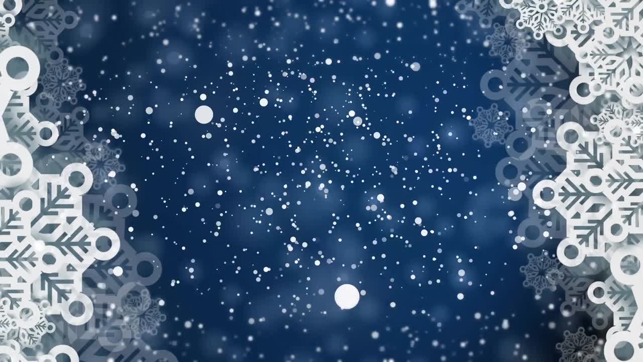 animación de la nieve blanca de navidad cayendo en el cielo azul de la noche con bordes de copos de nieve