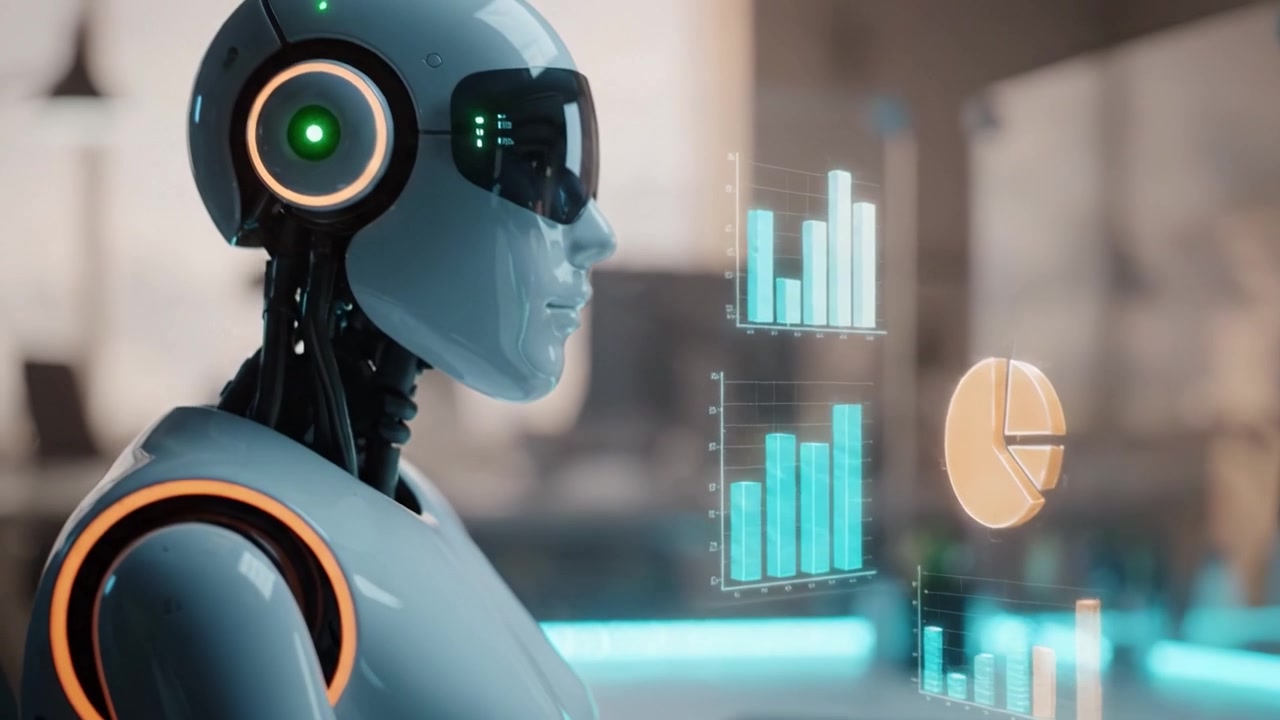 A futuristic robot interacts with digital data visualizations and technology, showcasing advanced AI capabilities in a modern workspace environment