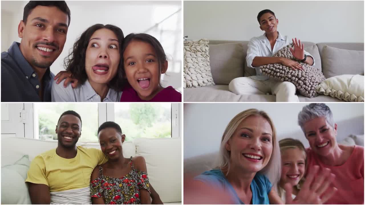 4개의 화면으로 구성된 행복한 사람들이 비디오 통화에서 대화하고 미소를 짓고 있습니다.