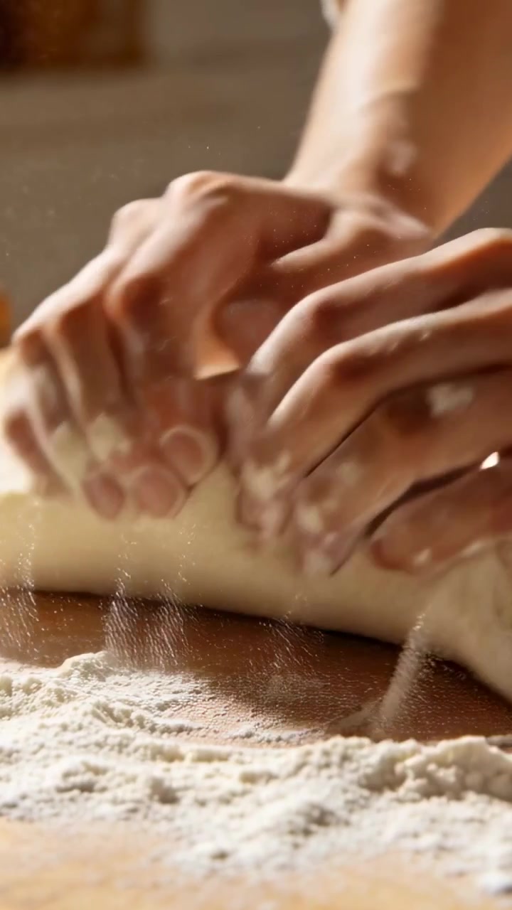 Video verticale: Mani che premono, arrotolano e sigillano un mucchio di impasto con le maniche arrotolate su un tagliere infarinato.