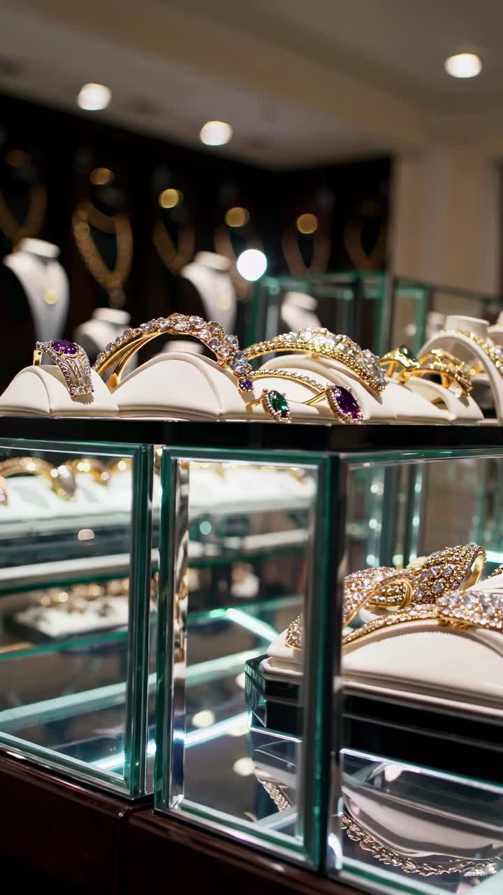 Elegant jewelry display captured at eye level, showcasing sparkling necklaces and bracelets