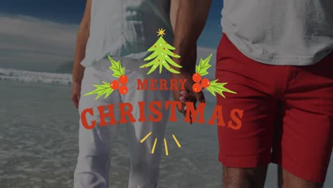 animación de saludos de navidad texto sobre pareja diversa en la playa.