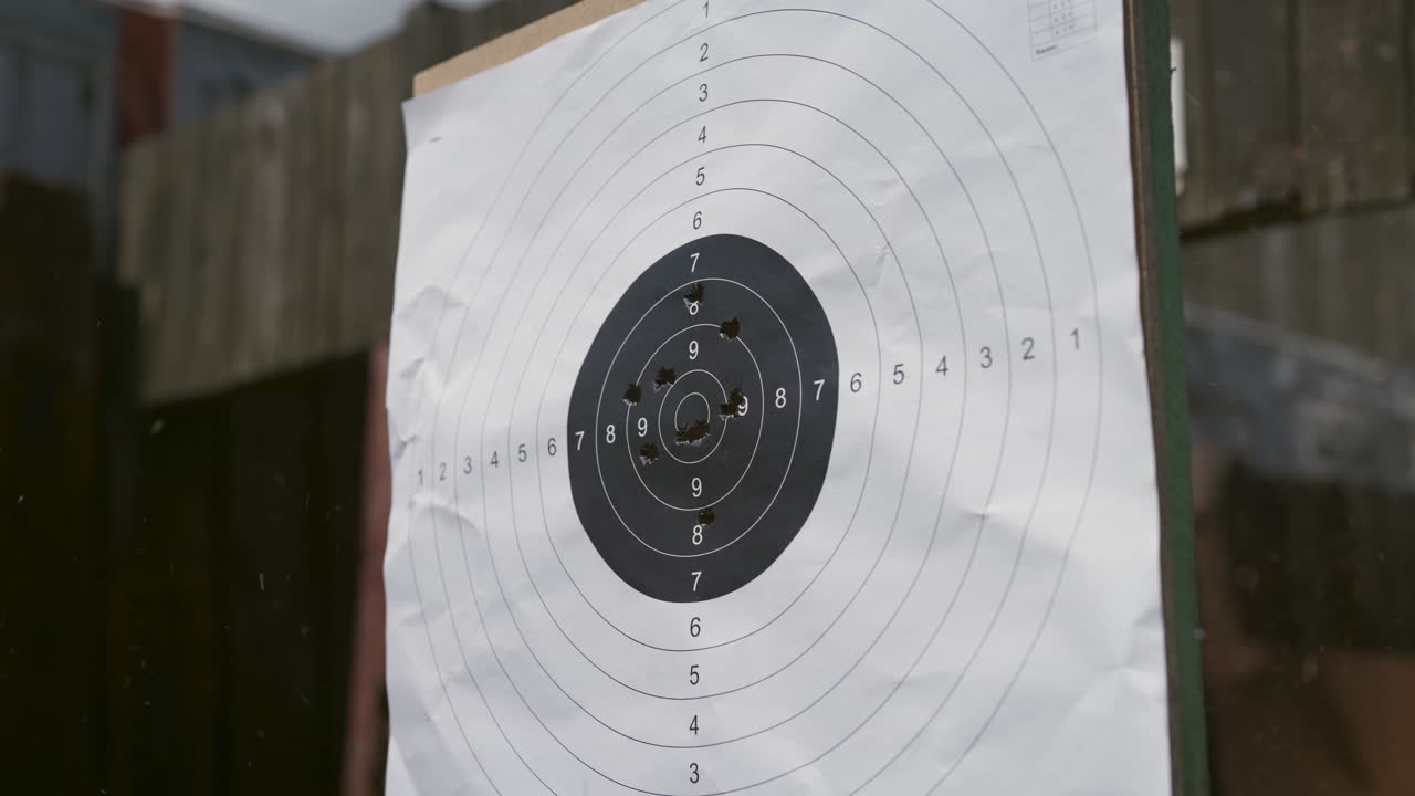 Close up shot of target being riddled with bullets at gun range, static shot