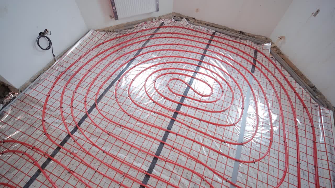 Installing underfloor heating pipes for water heating. Heating systems. Pipes for a heat-insulated floor.