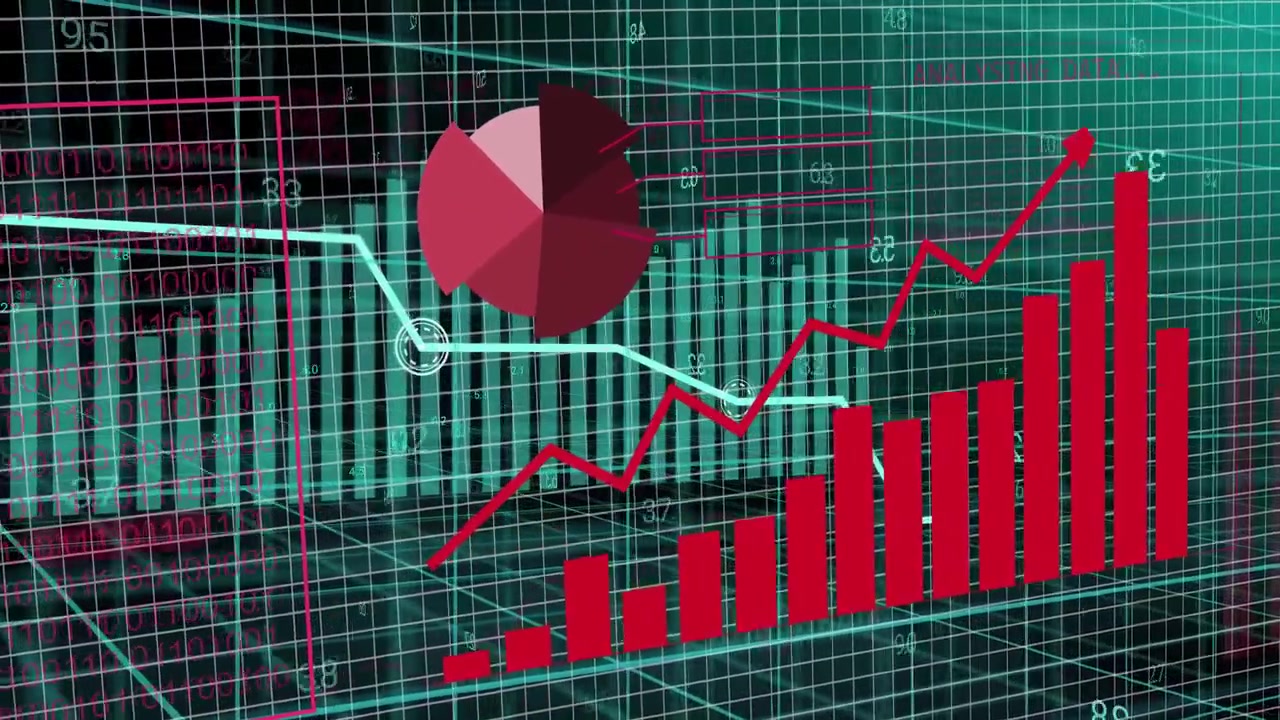 Teal grid forming and magenta globe appearing, charts growing and moving, showing data trends