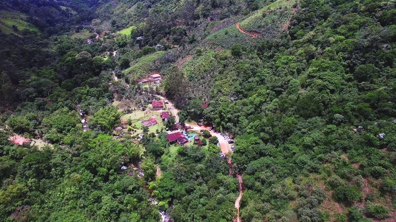 Stunning 4K aerial footage of a peaceful waterfall and river surrounded by dense greenery. Small wooden bridges cross the river, creating a serene, untouched natural landscape.