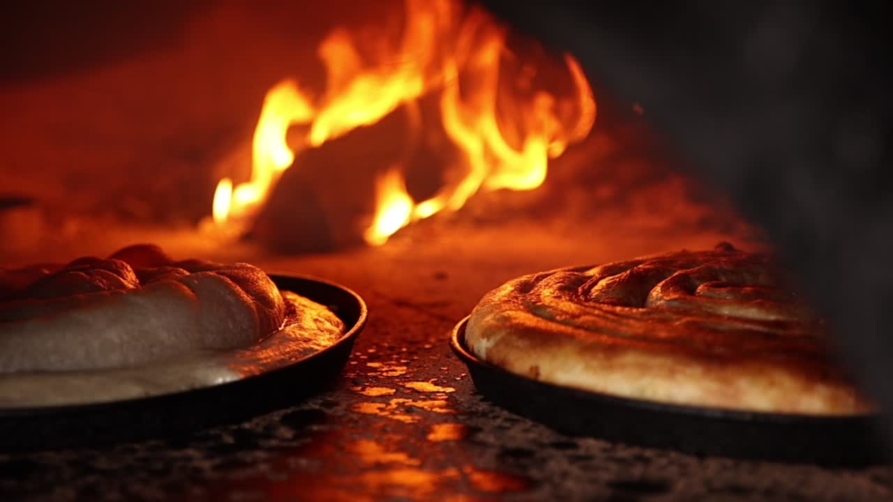 Cottura di squisiti pasticcini in un forno a legna caldo