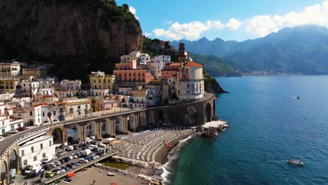 Cinematic-Establishing-Drone-Shot-Reveals-Atrani-Beach-Town-of-Amalfi-Coast,-Italy