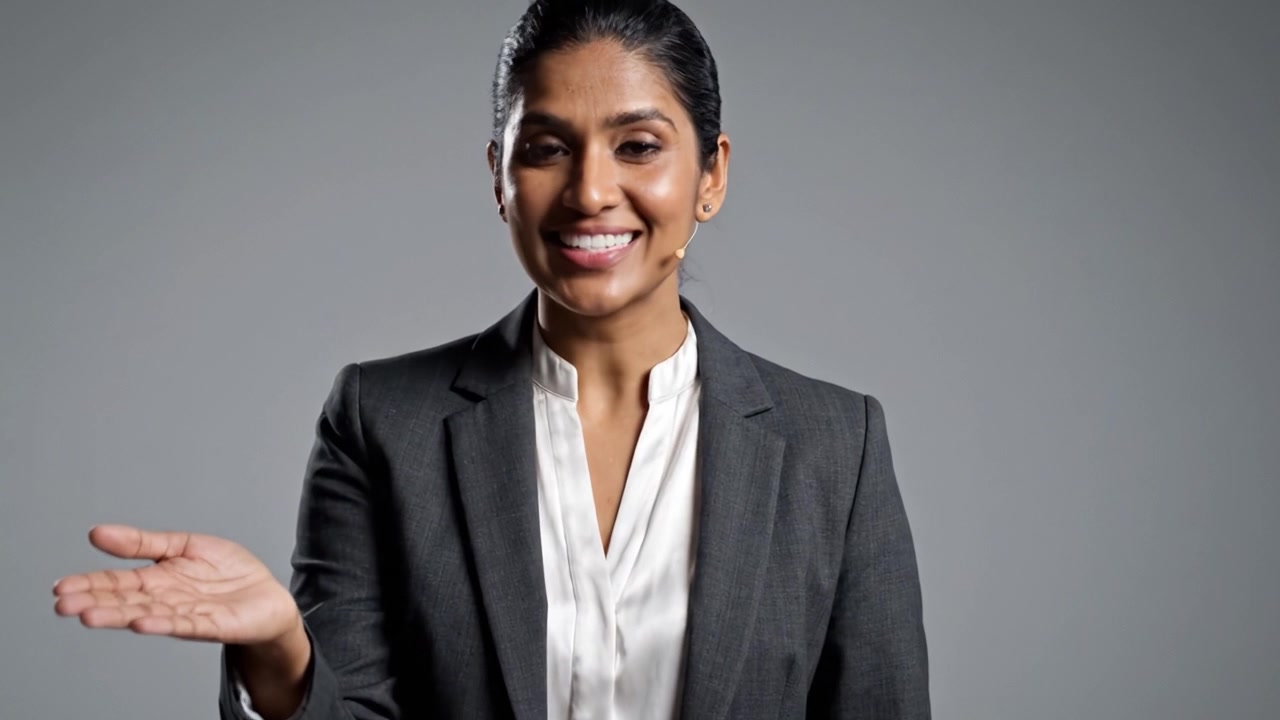 A confident professional woman engaging with an audience, showcasing poise, expertise, and charisma in a well-tailored suit against a neutral backdrop.