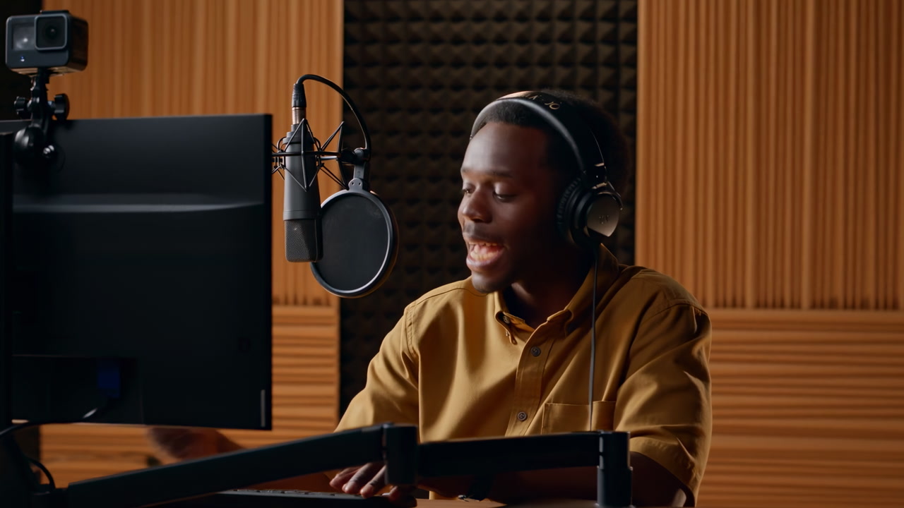 Black Podcaster In Acoustic Studio Speaking Into Large Microphone With Headphones And Monitor Camera
