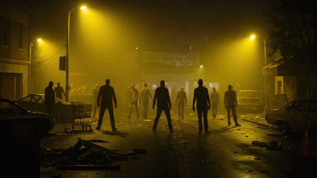 Dystopian Figures Linger in a Foggy Urban Scene, Highlighting Themes of Desolation and Uncertainty Amidst an Eerie Nighttime Atmosphere