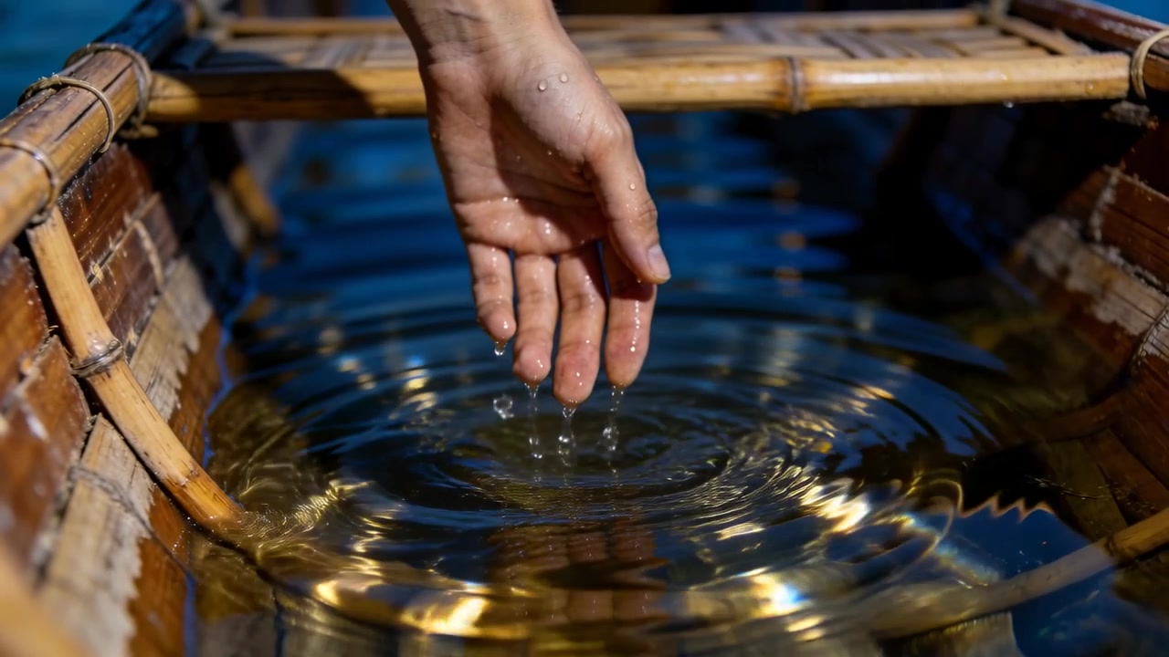 Lowering human hand releasing water droplets into bamboo trough with wooden slat, creating ripples