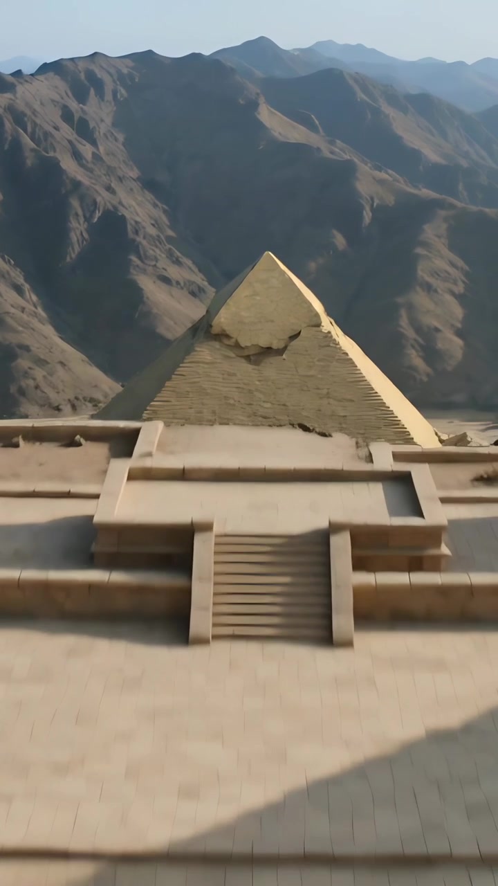Vertikální video: Pohybující se kamera postupující přes terasu, odhalující pavilon, portikus a pyramidu.