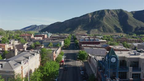 low flying aerial view over downtown durango, colorado