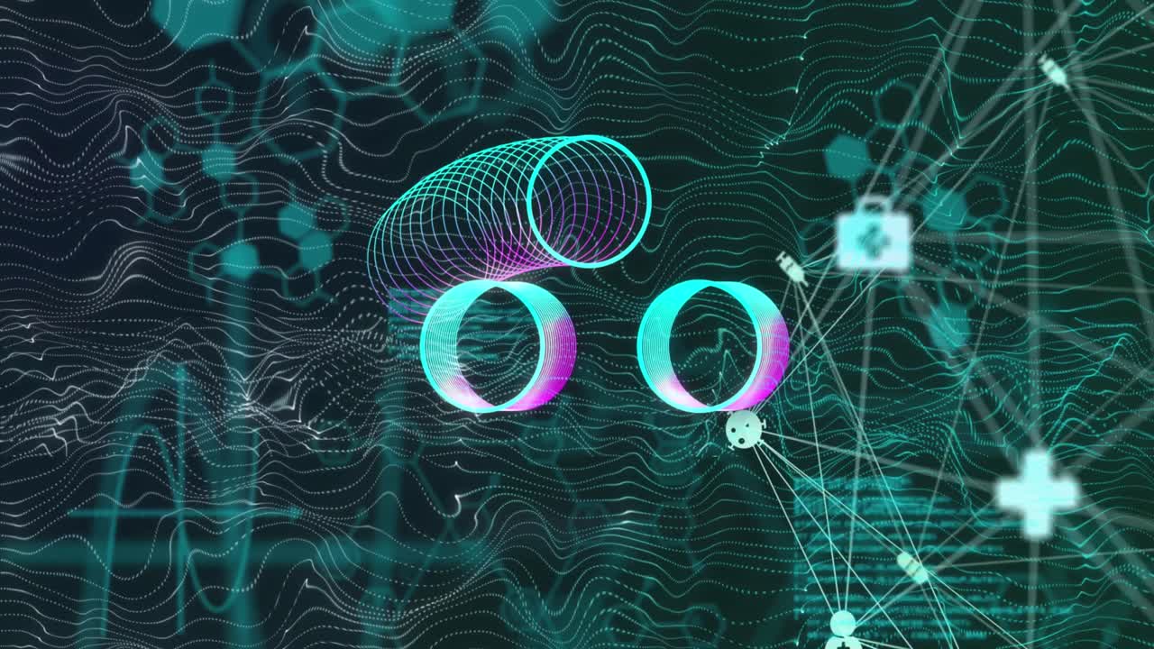 animazione dell'elaborazione dei dati e cerchi su rete di connessioni.